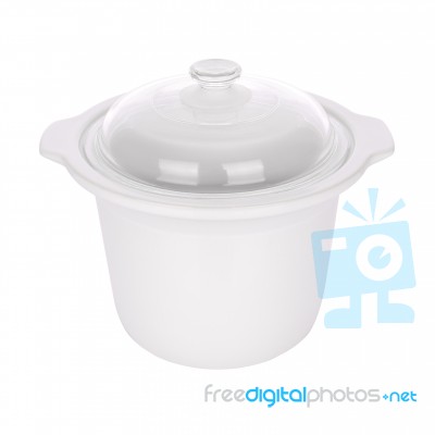 Ceramic Steam Pot With Glass Cover On White Background Stock Photo