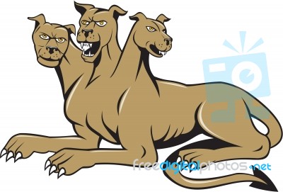 Cerberus Multi-headed Dog Hellhound Sitting Cartoon Stock Image