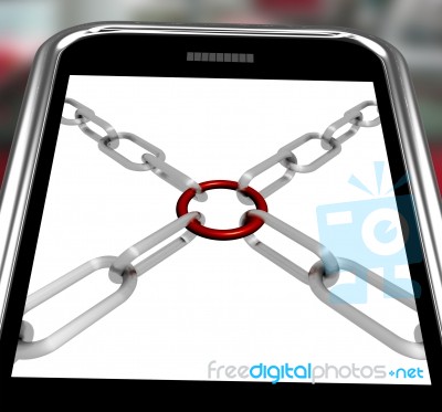 Chains Joint On Smartphone Shows Secure Link Stock Image