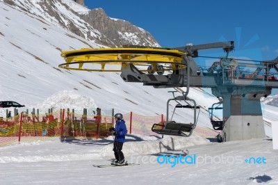 Chair Lift In The Dolomites At Pordoi Stock Photo