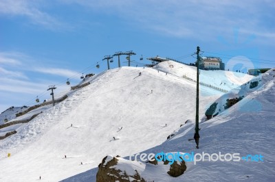 Chair Lift In The Dolomites At Pordoi Stock Photo