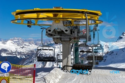 Chair Lift In The Dolomites At The Pordoi Pass Stock Photo