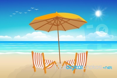 Chairs, Umbrella, Sand And Sea Stock Image