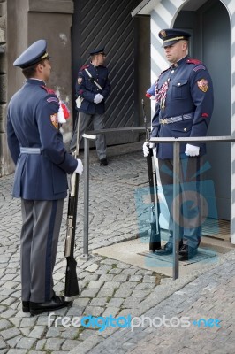 Changing The Guard At The Castle In Prague Stock Photo