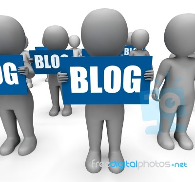 Characters Holding Blog Signs Show Online Information Or Sharing… Stock Image