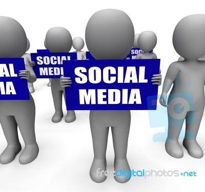 Characters Holding Social Media Signs Mean Online Communities Stock Image