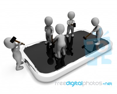 Characters Repair Indicates Diagnostics Men And Cellphone 3d Ren… Stock Image