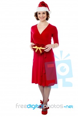 Charming Lady Posing With Xmas Gift Stock Photo