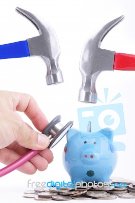 Check Your Money Before Use Hold Hammer To Hit Piggy Bank Stock Photo