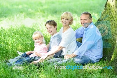 Cheerful Family Resting Under Tree Stock Photo