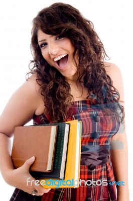 Cheerful Female With Books Stock Photo