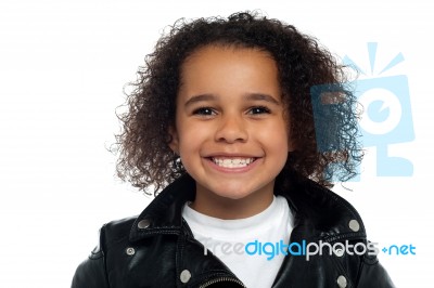 Cheerful Girl Wearing Black Leather Jacket Stock Photo