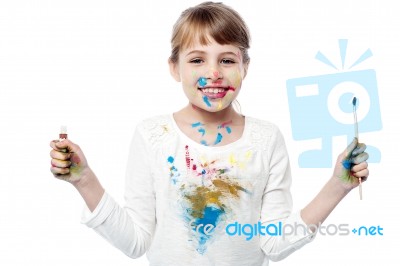 Cheerful Kid With Paint And Brush Stock Photo