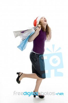 Cheerful Lady Holding Carry Bags Stock Photo