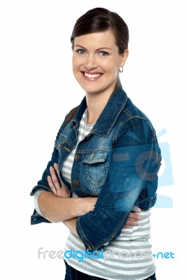 Cheerful Middle Aged Woman In Trendy Clothing Stock Photo