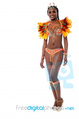 Cheerful Samba Dancer Posing Over White Stock Photo