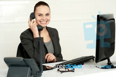 Cheerful Secretary Advising Her Client Stock Photo