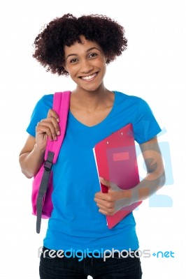 Cheerful Student Is All Set To Attend Her Classes Stock Photo