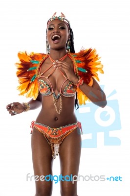 Cheerful Woman Dancing Samba Stock Photo