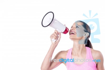 Cheerful Woman Making An Announcement Stock Photo