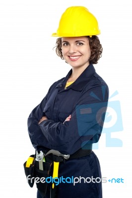 Cheerful Young Worker In Jumpsuit Stock Photo