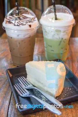 Cheese Cake And Iced Caffeine Drink Stock Photo