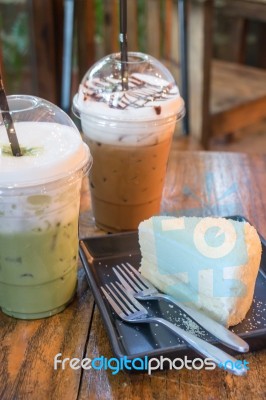 Cheese Cake And Iced Caffeine Drink Stock Photo