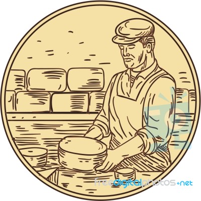 Cheesemaker Making Cheddar Cheese Circle Drawing Stock Image