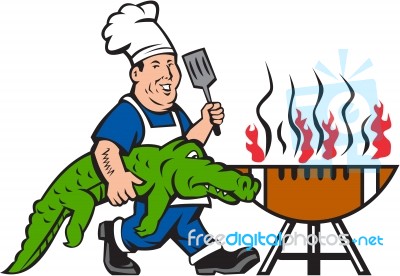 Chef Alligator Spatula Bbq Grill Cartoon Stock Image