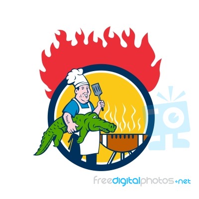 Chef Alligator Spatula Bbq Grill Fire Circle Cartoon Stock Image