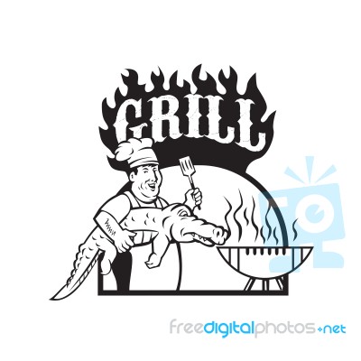 Chef Carry Alligator Grill Cartoon Stock Image