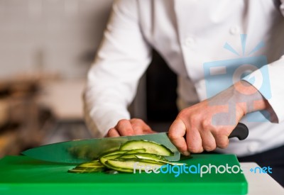 Chef Chopping Leek, Doing Preparations Stock Photo