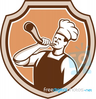 Chef Cook Blowing Bullhorn Shield Retro Stock Image