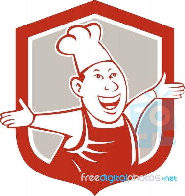 Chef Cook Happy Arms Out Shield Cartoon Stock Image