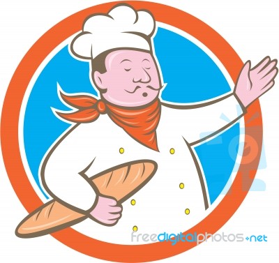 Chef Cook Holding Baguette Circle Cartoon Stock Image