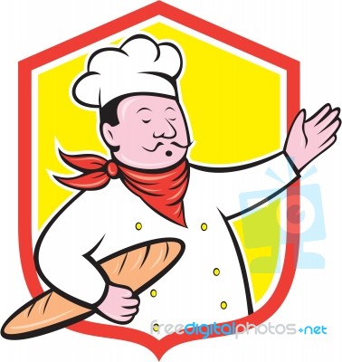 Chef Cook Holding Baguette Shield Cartoon Stock Image