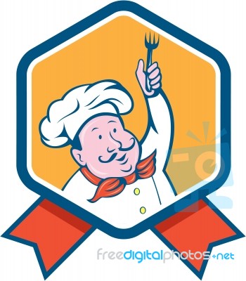 Chef Cook Holding Fork Ribbon Cartoon Stock Image