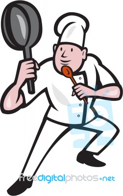 Chef Cook Holding Frying Pan Kung Fu Stance Cartoon Stock Image