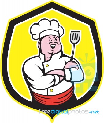 Chef Cook Holding Spatula Shield Cartoon Stock Image