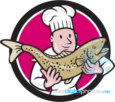 Chef Cook Holding Trout Fish Circle Cartoon Stock Image