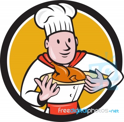 Chef Cook Roast Chicken Dish Circle Cartoon Stock Image