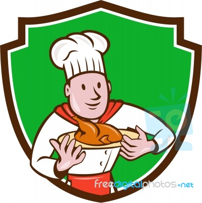 Chef Cook Roast Chicken Dish Crest Cartoon Stock Image