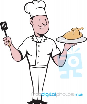 Chef Cook Roast Chicken Spatula Cartoon Stock Image