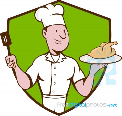 Chef Cook Roast Chicken Spatula Crest Cartoon Stock Image