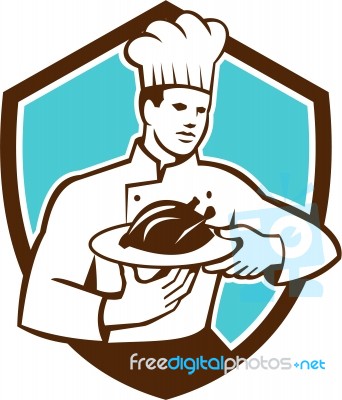 Chef Cook Serving Chicken Platter Shield Retro Stock Image