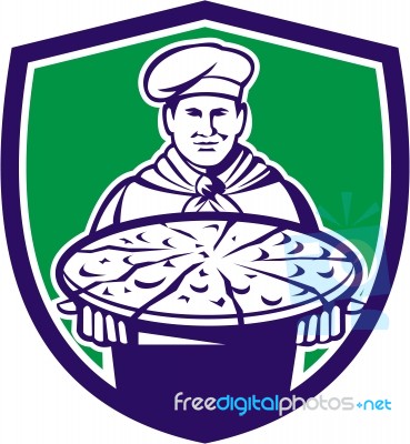 Chef Cook Serving Pizza Crest Retro Stock Image