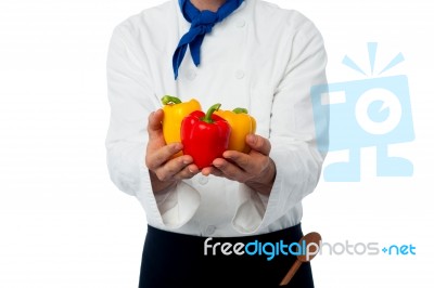 Chef Hands Showing Fresh Capsicums Stock Photo