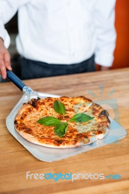 Chef Picking Up Pizza From The Base Stock Photo