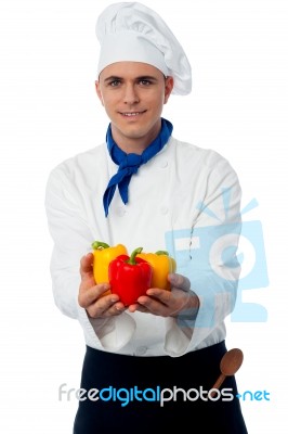 Chef Showing Fresh Capsicums Stock Photo