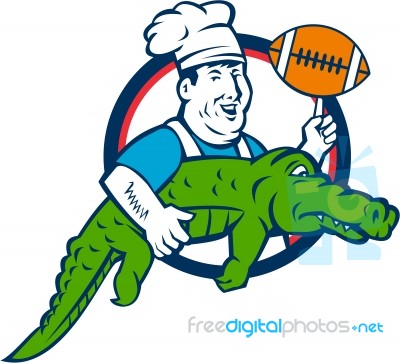 Chef Twirling Football Carry Alligator Circle Retro Stock Image